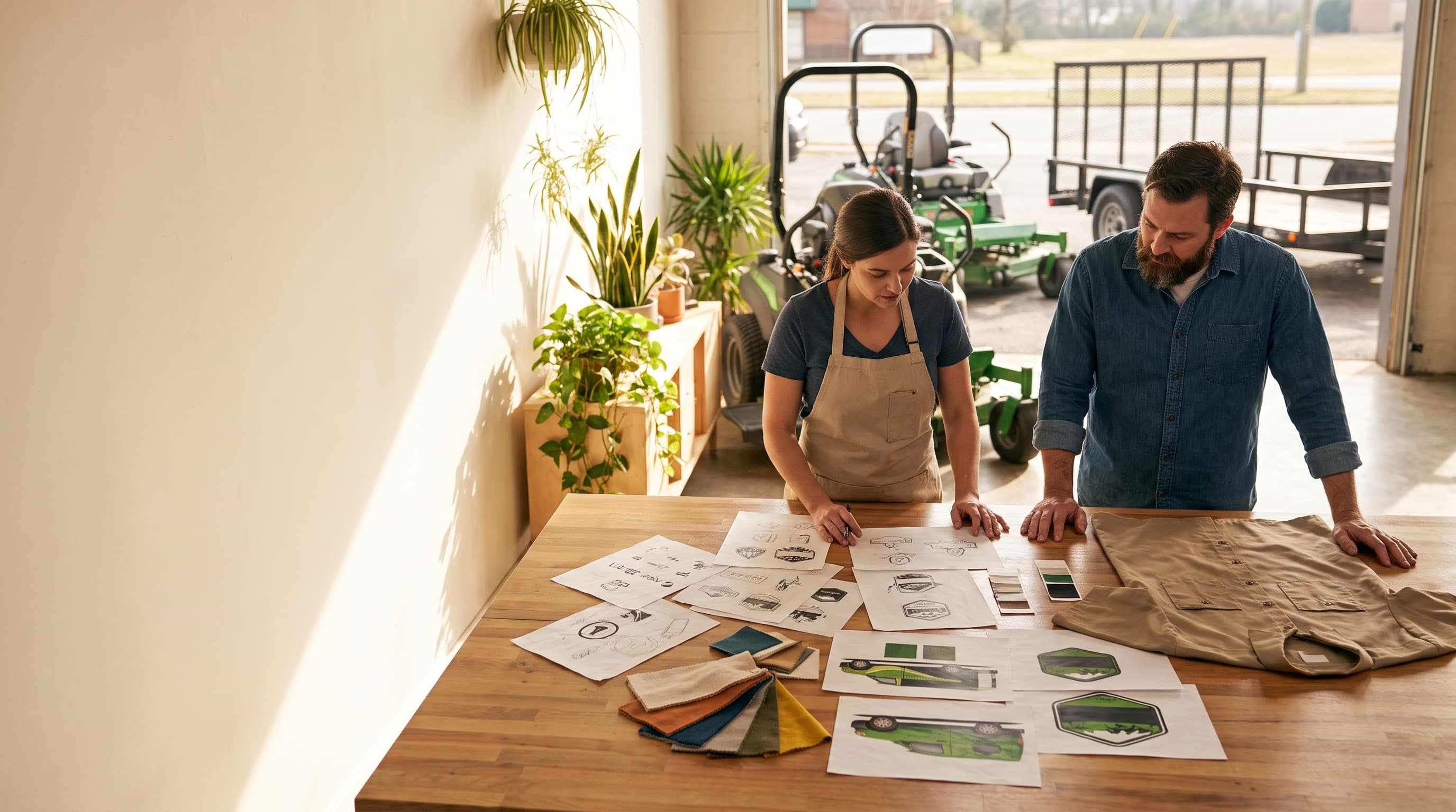 Lawn care business owner collaborating on logos, apparel, and vehicle branding