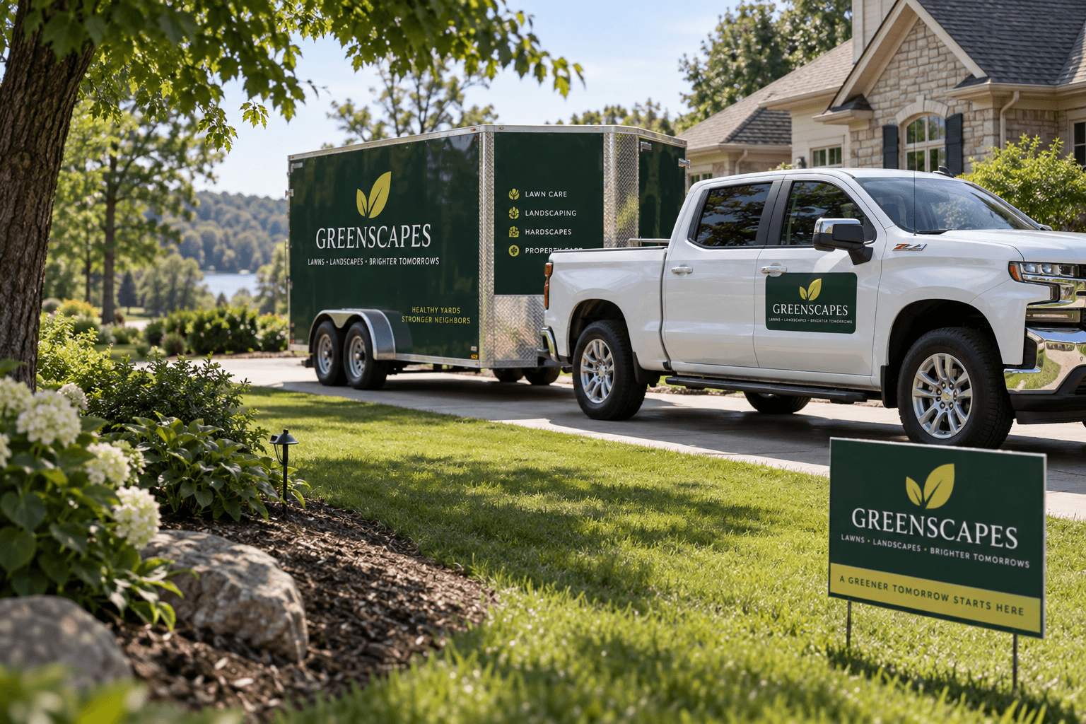 Lawn care business branding on a pickup truck, trailer, and yard sign
