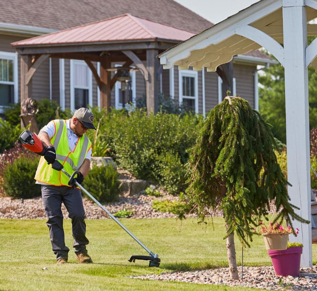 Lawn care professional trimming a residential lawn